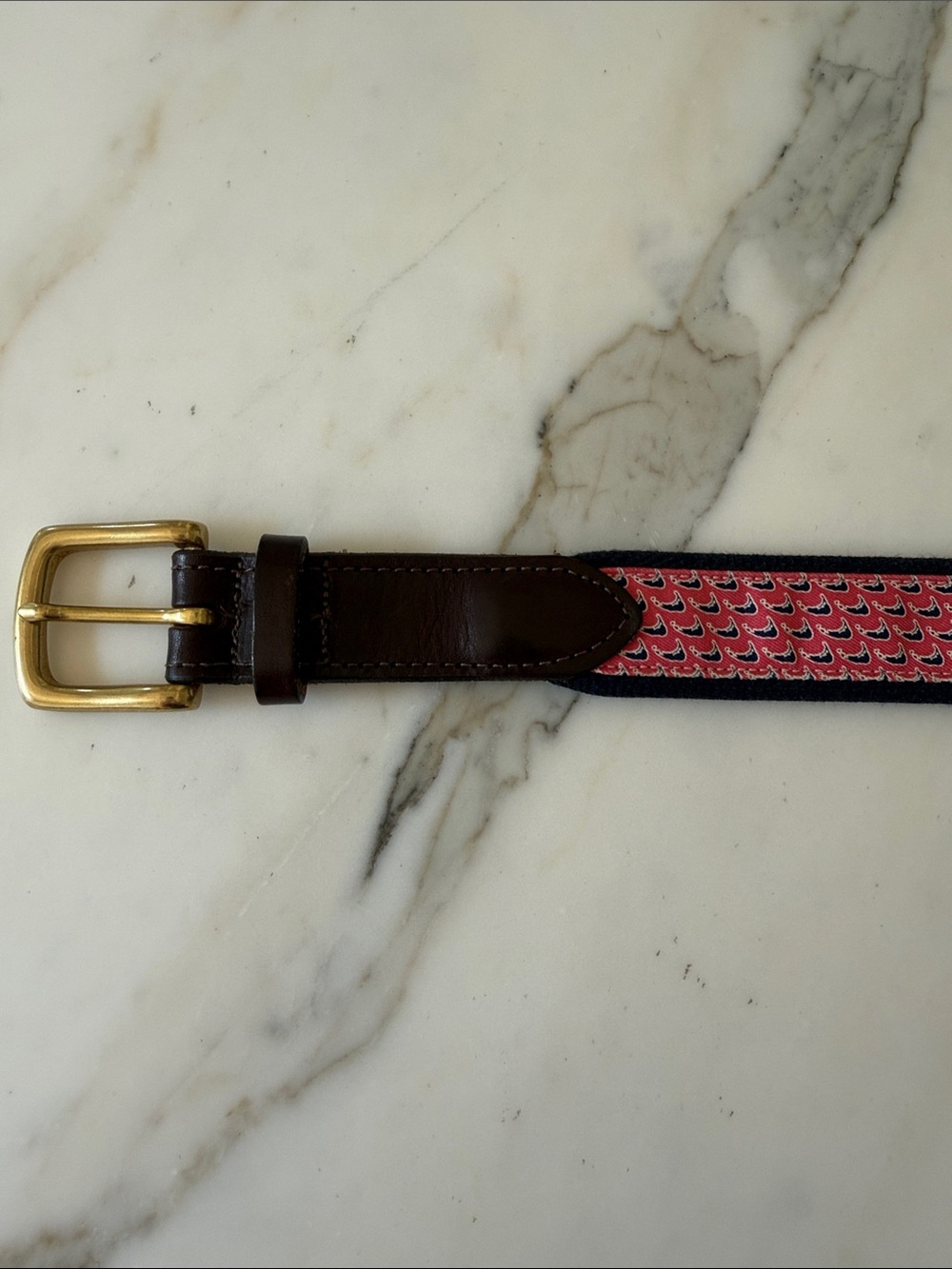 Vineyard Vines Nantucket Red Patterned Belt with Brown Leather Trim